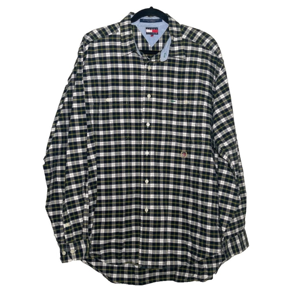 VTG Tommy Hilfiger Shirt‎ Men's XL Green Blue Tartan Plaid Long Sleeve Casual